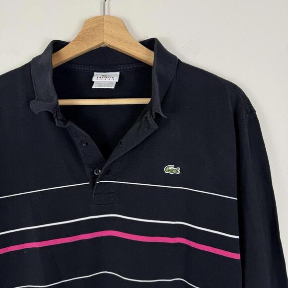 Lacoste Sport Long Sleeve Polo Shirt Black Striped Size 6 (XL) Crocodile Casual - Picture 1 of 7
